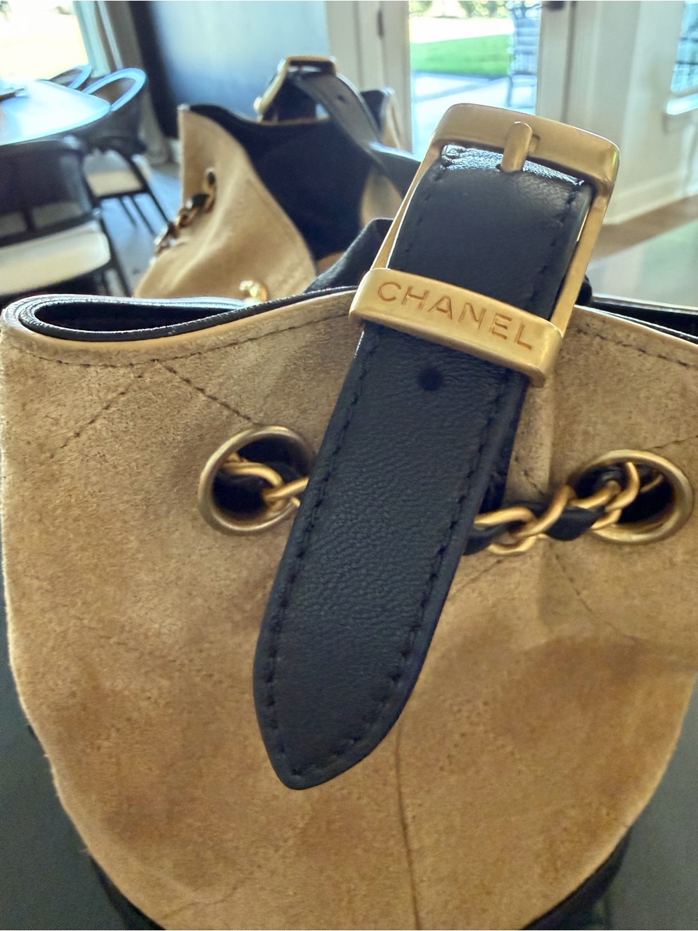 Chanel Two-Tone Suede & Leather Shoulder Bag in Beige and Black - Picture 8 of 16